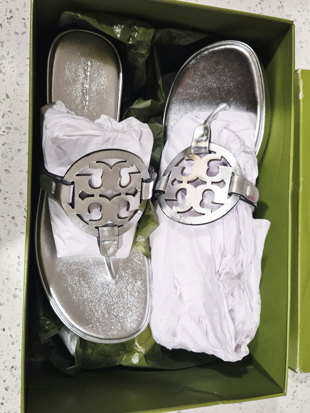 Metallic Silver Logo Thong Sandals - Women Size 9